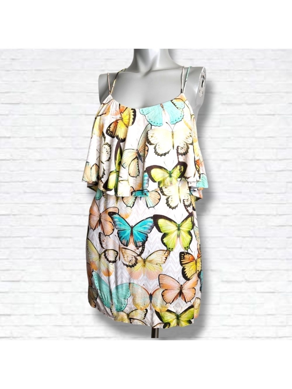 Farm Rio Butterfly Print Ruffle Bodice Thin Strap Mini Dress Size S